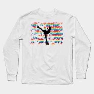 Figure Skater with Distressed Rainbow Pride Background Design Long Sleeve T-Shirt